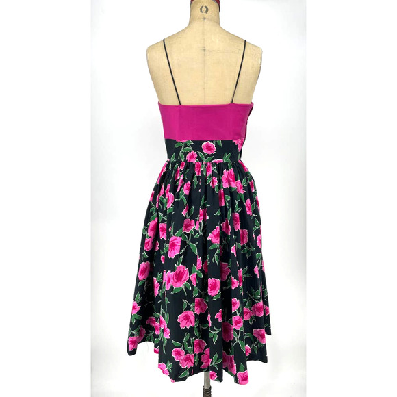 Floral Fit and Flare Sleeveless Pink Black Midi Rockabilly Dress Medium - Picture 2 of 8